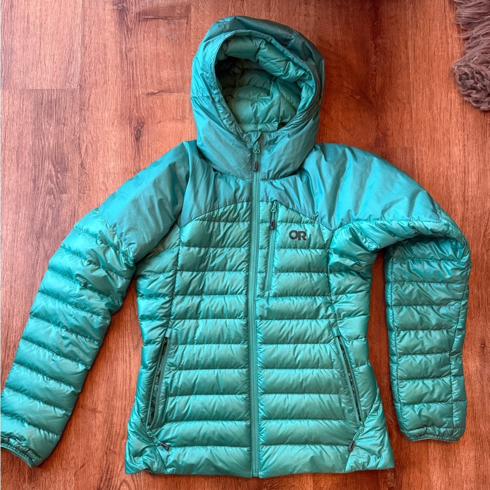 Outdoor Research Teal Hooded Down Ski Jacket